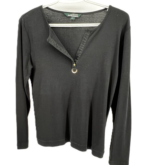 Lauren Ralph Lauren Split V-Neck Tee  Black goth neutral Dark fashion | Size M - Picture 1 of 7
